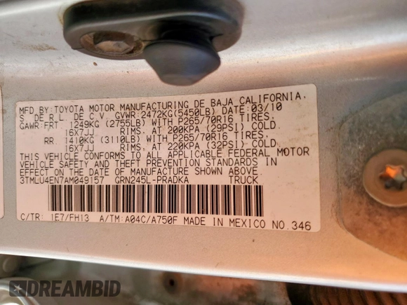 2010 Toyota Tacoma with VIN 3TMLU4EN7AM049157, listed as a Copart auction lot 60904045 with 304,200 mi miles and Clean title. Bid and sale history available at DreamBid. Image 12.