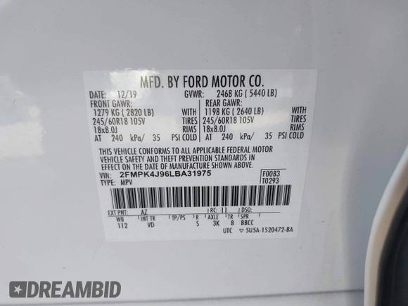 2020 Ford Edge SEL with VIN 2FMPK4J96LBA31975, listed as a IAAI auction lot 41727923 with 65,972 mi miles. Bid and sale history available at carsss.com. Image 9.