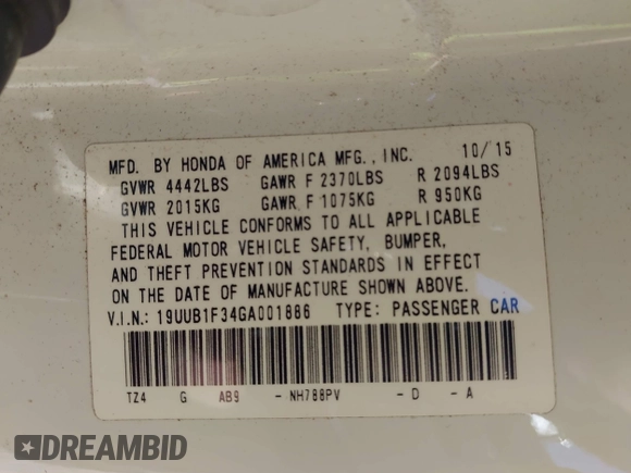 2016 Acura TLX with VIN 19UUB1F34GA001886, listed as a IAAI auction lot 41964297 with 87,847 mi miles. Bid and sale history available at carsss.com. Image 9.
