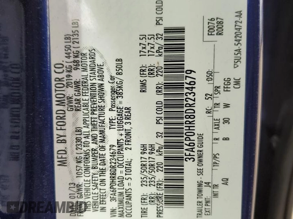 2013 Ford Fusion SE with VIN 3FA6P0HR8DR234679, listed as a Copart auction lot 45357715 with 128,088 mi miles and Salvage Title. Bid and sale history available at carsss.com. Image 12.