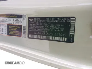 2009 MINI Hardtop z VIN WMWMF33569TU75508, wystawiony jako IAAI lot #42090523 z przebiegiem 247 856 mil mil oraz . Historia ofert i sprzedaży dostępna na DreamBid. Obrazek 9.