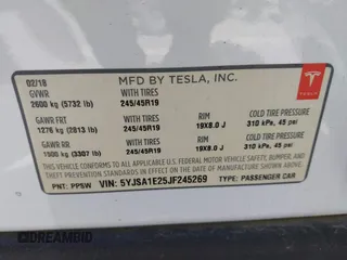 2018 Tesla Model S 75D with VIN 5YJSA1E25JF245269, listed as a IAAI auction lot 41914567 with 56,086 mi miles and . Bid and sale history available at DreamBid. Image 9.