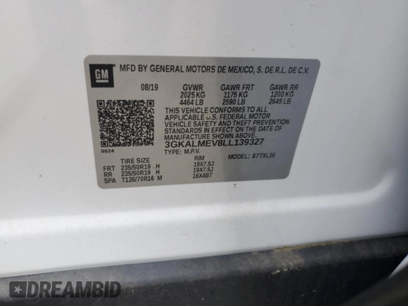 2020 GMC Terrain SLE with VIN 3GKALMEV8LL139327, listed as a Copart auction lot 57036415 with 61,130 mi miles and Salvage title. Bid and sale history available at DreamBid. Image 13.