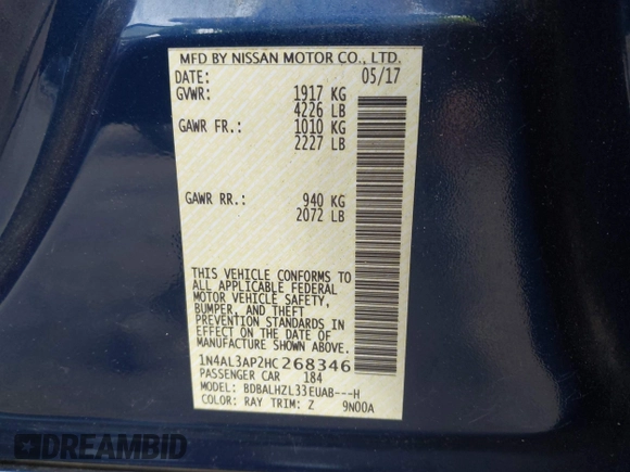 2017 Nissan Altima S with VIN 1N4AL3AP2HC268346, listed as a IAAI auction lot 42584551 with 51,151 mi miles and . Bid and sale history available at DreamBid. Image 9.