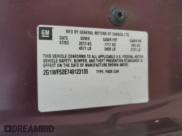 2004 Chevrolet Impala with VIN 2G1WF52E749123135, listed as a Copart auction lot 65401265 with 202,136 mi miles and Salvage title. Bid and sale history available at DreamBid. Image 13.