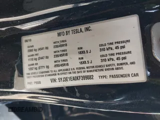 2019 Tesla Model 3 Mid Range with VIN 5YJ3E1EA0KF399082, listed as a IAAI auction lot 41697100 with 138,998 mi miles and . Bid and sale history available at carsss.com. Image 9.