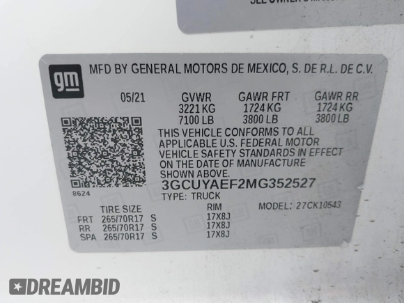 2021 Chevrolet Silverado 1500 Work Truck with VIN 3GCUYAEF2MG352527, listed as a IAAI auction lot 41862246 with 47,899 mi miles and . Bid and sale history available at DreamBid. Image 9.