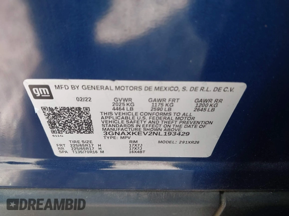 2022 Chevrolet Equinox LT z VIN 3GNAXKEV2NL193429, wystawiony jako IAAI lot #42134153 z przebiegiem 62 934 mil mil oraz . Historia ofert i sprzedaży dostępna na DreamBid. Obrazek 9.