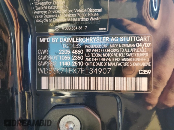 2007 Mercedes-Benz SL 550 z VIN WDBSK71FX7F134907, wystawiony jako Copart lot #51100175 z przebiegiem 133 355 mil mil oraz Szkoda całkowita • Salvage title. Historia ofert i sprzedaży dostępna na DreamBid. Obrazek 12.