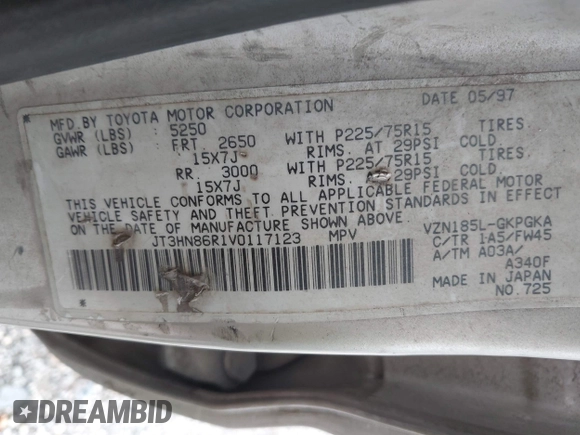 1997 Toyota 4Runner SR5 с VIN JT3HN86R1V0117123, выставлен на аукционе IAAI как лот 42557501 с пробегом 259 284 миль миль и . История ставок и продаж доступна на DreamBid. Изображение 9.