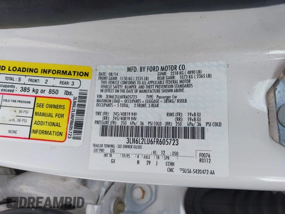 2015 Lincoln MKZ Hybrid with VIN 3LN6L2LU6FR605723, listed as a IAAI auction lot 42246269 with 121,942 mi miles and . Bid and sale history available at DreamBid. Image 9.