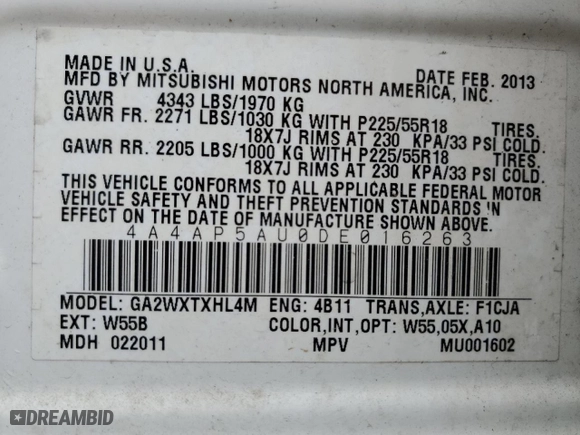 2013 Mitsubishi Outlander Sport LE with VIN 4A4AP5AU0DE016263, listed as a Copart auction lot 50841175 with 178,375 mi miles and Salvage Title. Bid and sale history available at carsss.com. Image 14.