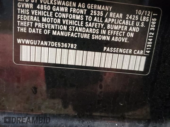 2013 Volkswagen CC VR6 Executive 4Motion with VIN WVWGU7AN7DE536782, listed as a Copart auction lot 83740644 with 120,777 mi miles and Salvage Title. Bid and sale history available at carsss.com. Image 12.