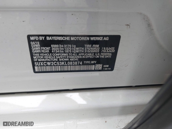 2019 BMW X7 xDrive40i with VIN 5UXCW2C53KL083874, listed as a IAAI auction lot 41280522 with 155,067 mi miles. Bid and sale history available at carsss.com. Image 9.