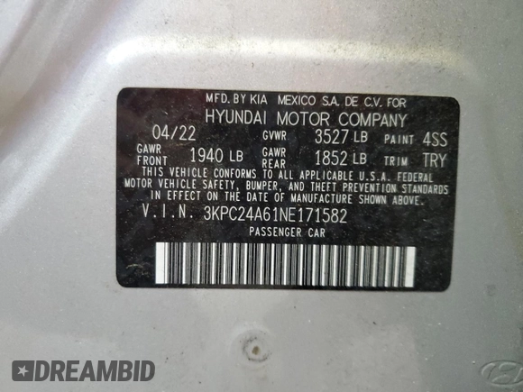 2022 Hyundai Accent SE с VIN 3KPC24A61NE171582, выставлен на аукционе Copart как лот 57715085 с пробегом 21 392 миль миль и Списание • Salvage title. История ставок и продаж доступна на DreamBid. Изображение 12.