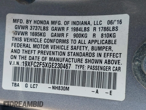 2016 Honda Civic LX with VIN 19XFC2F5XGE230467, listed as a IAAI auction lot 41768980 with 145,592 mi miles. Bid and sale history available at carsss.com. Image 9.