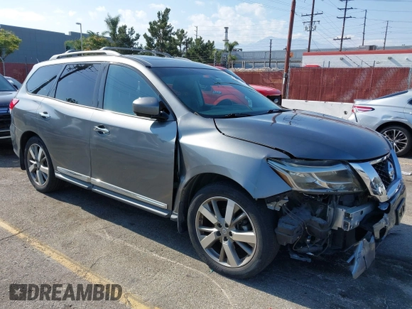 2015 Nissan Pathfinder Platinum with VIN 5N1AR2MN8FC693981, listed as a IAAI auction lot 42145556 with 161,142 mi miles and . Bid and sale history available at DreamBid. Image 1.