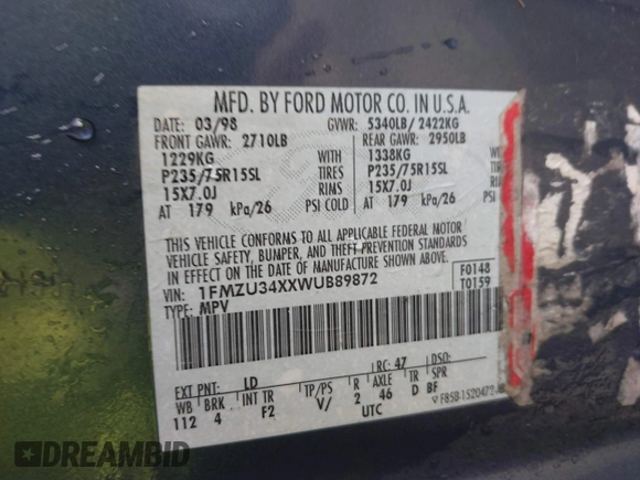 1998 Ford Explorer XL с VIN 1FMZU34XXWUB89872, выставлен на аукционе IAAI как лот 41586528 с пробегом 153 972 миль миль и . История ставок и продаж доступна на DreamBid. Изображение 9.