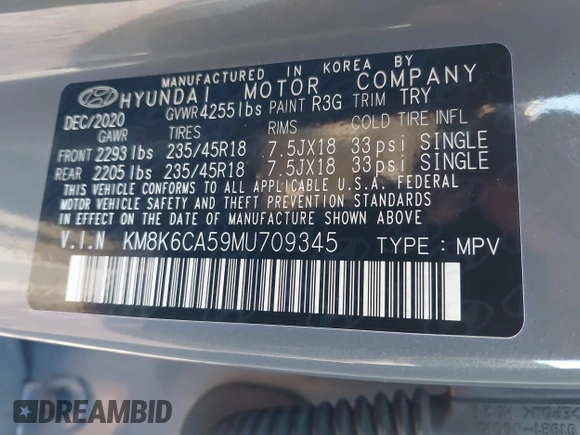 2021 Hyundai Kona Night Edition with VIN KM8K6CA59MU709345, listed as a IAAI auction lot 41197189 with 29,329 mi miles and . Bid and sale history available at carsss.com. Image 9.