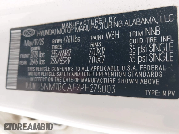 2023 Hyundai Tucson SEL with VIN 5NMJBCAE2PH275003, listed as a IAAI auction lot 42280613 with 62,295 mi miles and . Bid and sale history available at DreamBid. Image 9.