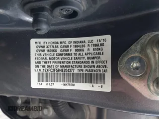 2017 Honda Civic Sedan LX with VIN 19XFC2F59HE204377, listed as a IAAI auction lot 41706604 with 160,114 mi miles. Bid and sale history available at carsss.com. Image 9.