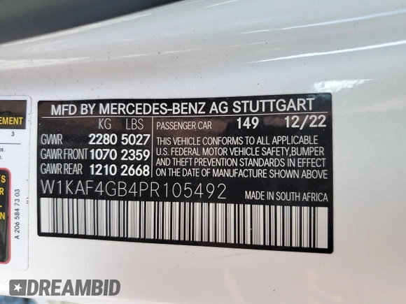 2023 Mercedes-Benz C 300 with VIN W1KAF4GB4PR105492, listed as a Copart auction lot 52427155 with 40,241 mi miles and Salvage title. Bid and sale history available at DreamBid. Image 12.