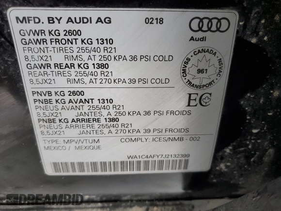 2018 Audi SQ5 Prestige with VIN WA1C4AFY7J2132399, listed as a Copart auction lot 82972373 with 39,294 mi miles and . Bid and sale history available at DreamBid. Image 15.