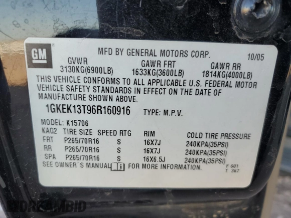 2006 GMC Yukon SLT with VIN 1GKEK13T96R160916, listed as a Copart auction lot 44644705 with 249,296 mi miles and Salvage Title. Bid and sale history available at carsss.com. Image 13.