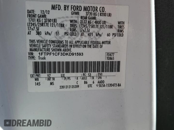 2013 Ford F-150 XL with VIN 1FTPF1CF3DKD91593, listed as a Copart auction lot 69015354 with 248,800 mi miles and Salvage title. Bid and sale history available at DreamBid. Image 12.