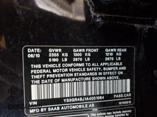 2010 Saab 9-5 Aero with VIN YS3GR4BJ1A4001064, listed as a Copart auction lot 84687424 with 121,169 mi miles and Salvage Title. Bid and sale history available at carsss.com. Image 13.