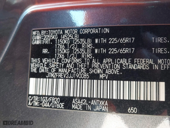 2018 Toyota RAV4 LE with VIN JTMZFREV2JJ190085, listed as a IAAI auction lot 41895635 with 54,577 mi miles. Bid and sale history available at carsss.com. Image 9.