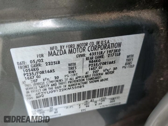 2002 Mazda Tribute LX with VIN 4F2YU09122KM55085, listed as a Copart auction lot 71604184 with 185,158 mi miles and Salvage Title. Bid and sale history available at DreamBid. Image 13.