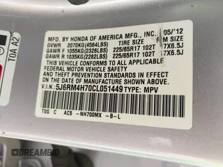 2012 Honda CR-V EX-L with VIN 5J6RM4H70CL051449, listed as a IAAI auction lot 42377210 with 119,654 mi miles and . Bid and sale history available at DreamBid. Image 9.