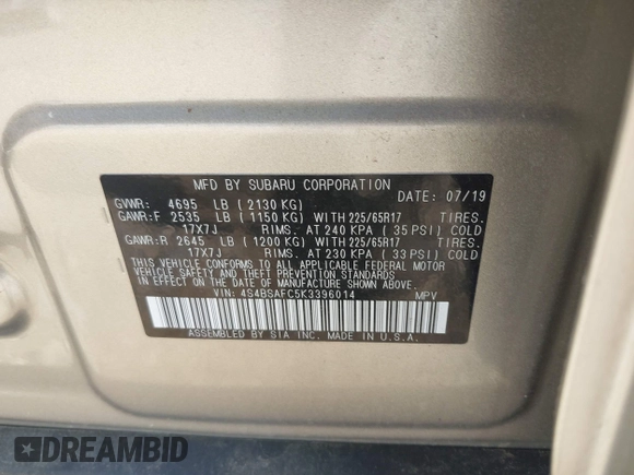 2019 Subaru Outback Premium with VIN 4S4BSAFC5K3396014, listed as a IAAI auction lot 42668374 with 22,962 mi miles and . Bid and sale history available at DreamBid. Image 9.