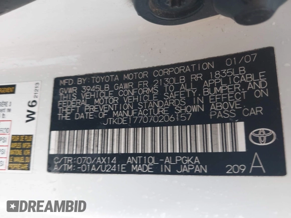 2007 Scion tC Spec with VIN JTKDE177070206157, listed as a IAAI auction lot 41890147 with 174,720 mi miles and . Bid and sale history available at DreamBid. Image 9.