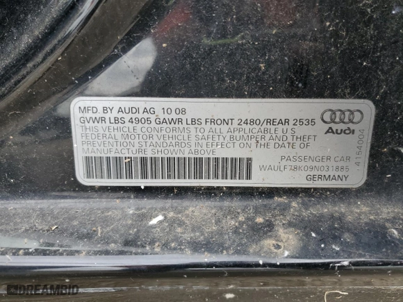 2009 Audi A4 2.0T Prem with VIN WAULF78K09N031885, listed as a Copart auction lot 52491045 with 134,767 mi miles and Clean Title. Bid and sale history available at carsss.com. Image 12.