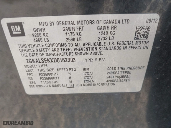 2013 GMC Terrain SLE with VIN 2GKALSEKXD6162303, listed as a IAAI auction lot 41805884 with 122,216 mi miles. Bid and sale history available at carsss.com. Image 9.
