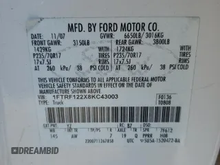 2008 Ford F-150 XL with VIN 1FTRF122X8KC43003, listed as a Copart auction lot 58430755 with 137,378 mi miles and Clean title. Bid and sale history available at DreamBid. Image 12.
