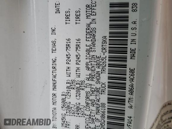 2016 Toyota Tacoma SR with VIN 5TFRX5GN5GX066188, listed as a Copart auction lot 54561055 with Not Provided miles and Salvage Title. Bid and sale history available at DreamBid. Image 12.
