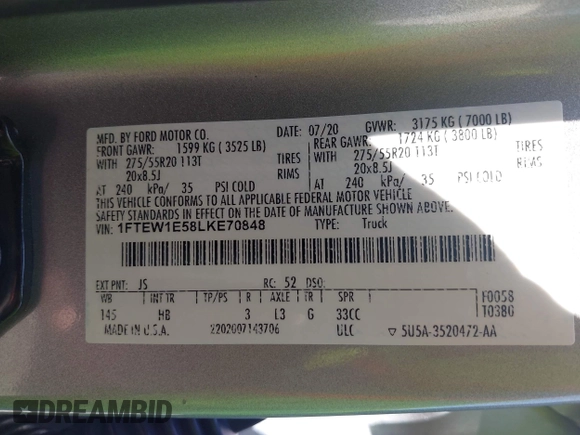 2020 Ford F-150 XL с VIN 1FTEW1E58LKE70848, выставлен на аукционе IAAI как лот 42659340 с пробегом 124 640 миль миль и . История ставок и продаж доступна на DreamBid. Изображение 9.
