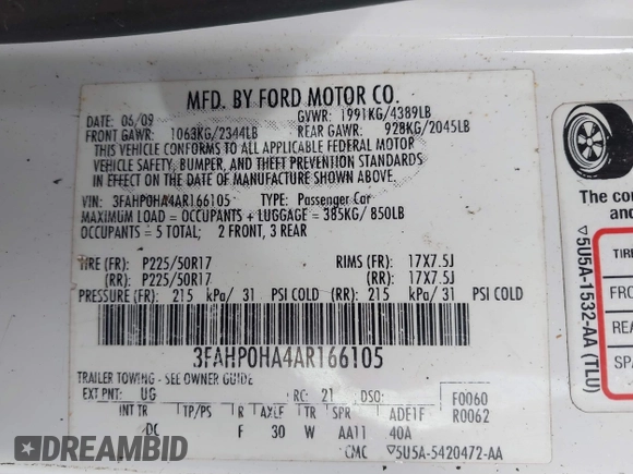 2010 Ford Fusion SE z VIN 3FAHP0HA4AR166105, wystawiony jako IAAI lot #42267814 z przebiegiem 322 392 mil mil oraz . Historia ofert i sprzedaży dostępna na DreamBid. Obrazek 9.