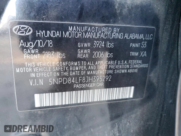 2018 Hyundai Elantra SEL with VIN 5NPD84LF8JH395292, listed as a Copart auction lot 87181254 with 81,262 mi miles and Salvage Title. Bid and sale history available at DreamBid. Image 13.