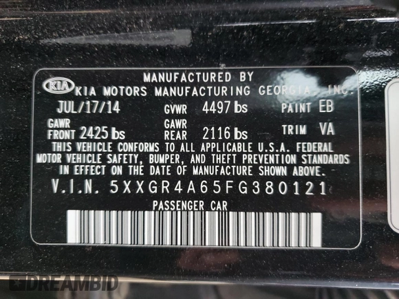2015 Kia Optima SX Turbo with VIN 5XXGR4A65FG380121, listed as a Copart auction lot 42238975 with 127,583 mi miles and Salvage Title. Bid and sale history available at carsss.com. Image 12.