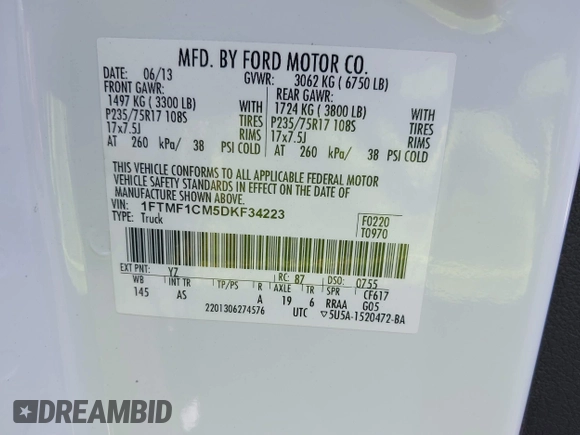 2013 Ford F-150 XL with VIN 1FTMF1CM5DKF34223, listed as a IAAI auction lot 42355085 with 190,747 mi miles and . Bid and sale history available at DreamBid. Image 9.