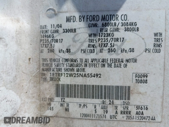 2005 Ford F-150 XL with VIN 1FTRF12W25NA55492, listed as a IAAI auction lot 42146922 with 183,461 mi miles and . Bid and sale history available at DreamBid. Image 9.