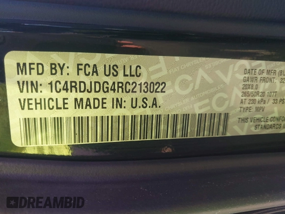 2024 Dodge Durango GT Plus with VIN 1C4RDJDG4RC213022, listed as a IAAI auction lot 41729433 with 23,684 mi miles and . Bid and sale history available at DreamBid. Image 9.