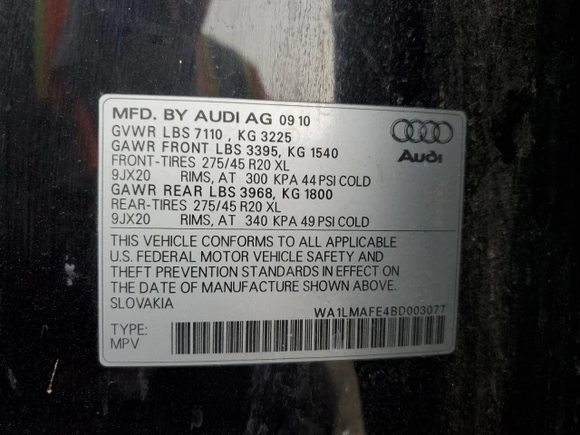 2011 Audi Q7 3.0L TDI Premium Plus with VIN WA1LMAFE4BD003077, listed as a Copart auction lot 86220764 with 171,116 mi miles and Clean Title. Bid and sale history available at carsss.com. Image 13.