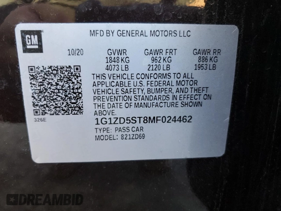 2021 Chevrolet Malibu LT with VIN 1G1ZD5ST8MF024462, listed as a Copart auction lot 46595695 with 78,673 mi miles and Salvage Title. Bid and sale history available at DreamBid. Image 12.