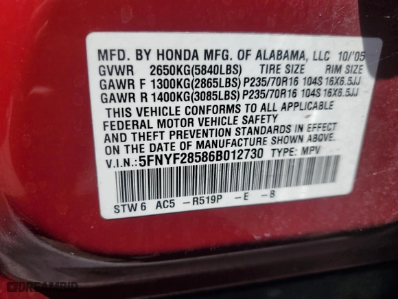 2006 Honda Pilot EX-L with VIN 5FNYF28586B012730, listed as a Copart auction lot 67161614 with 141,287 mi miles and Salvage Title. Bid and sale history available at carsss.com. Image 13.