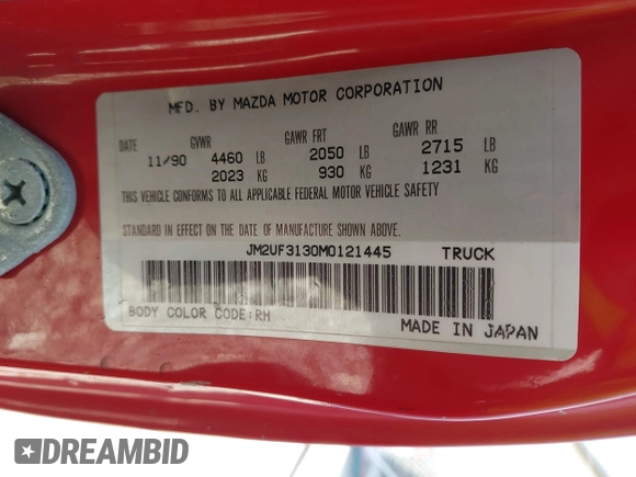 1991 Mazda B-Series Truck with VIN JM2UF3130M0121445, listed as a IAAI auction lot 41646079 with 271,494 mi miles and . Bid and sale history available at DreamBid. Image 9.